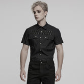 WY-1761CDM Edgy Black Short Sleeve Grommet Punk Shirts for Men